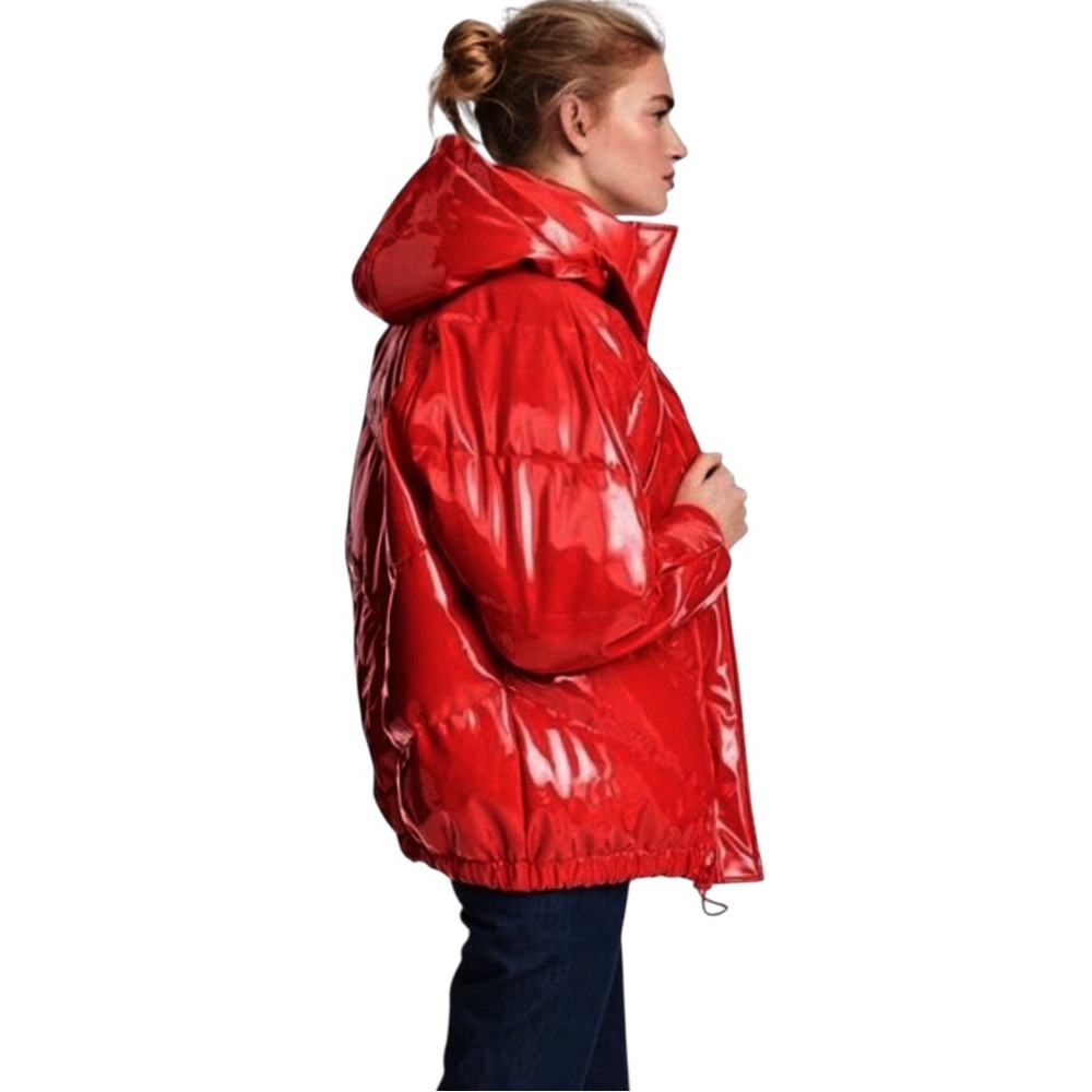 H&M Red Patent Shiny Oversized Hooded Puffer Jacket Lined Blogger Fav Streetwear